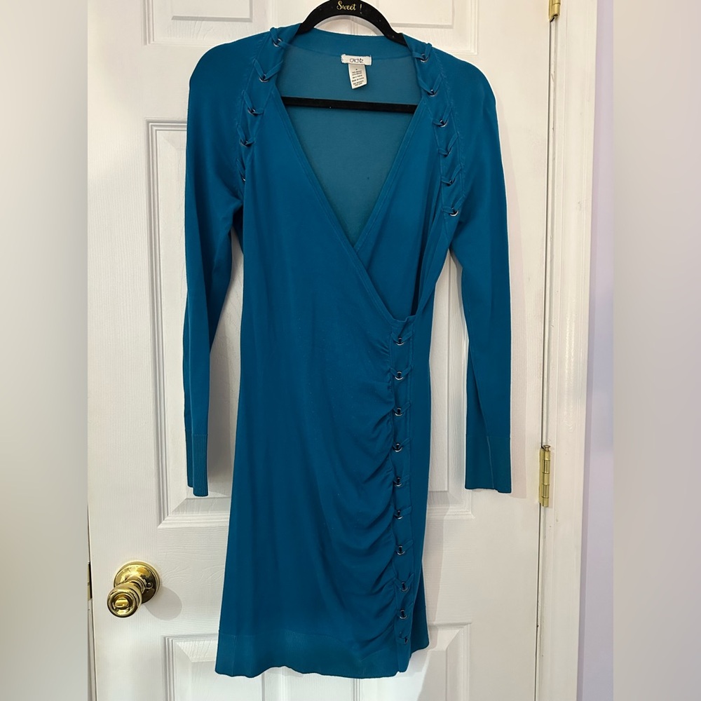 Cache Teal Long Sleeve Dress with Button Accents (M) - Picture 5 of 16